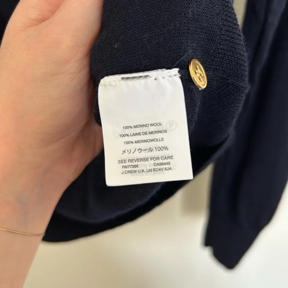 J. Crew Merino Wool Navy Crew Neck Cardigan with Gold Buttons Size XL
